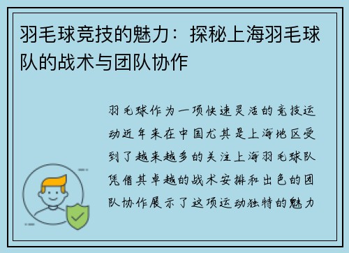 羽毛球竞技的魅力：探秘上海羽毛球队的战术与团队协作